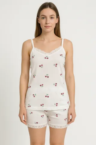 Pijama damă maiou și short – bretele subțiri, dantelă delicată, croială lejeră, imprimeu cu cirese
