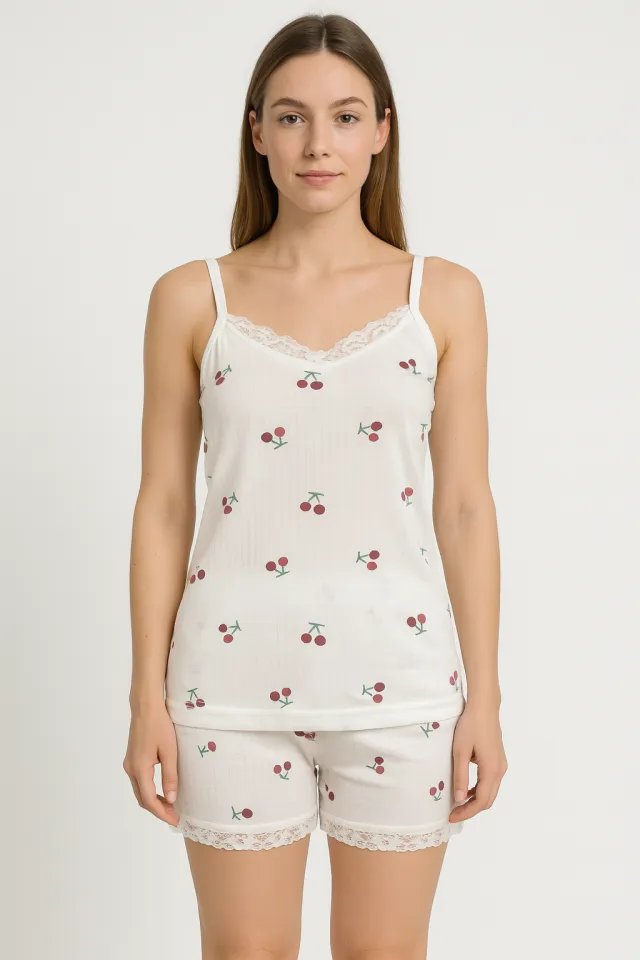 Pijama damă maiou și short – bretele subțiri, dantelă delicată, croială lejeră, imprimeu cu cirese