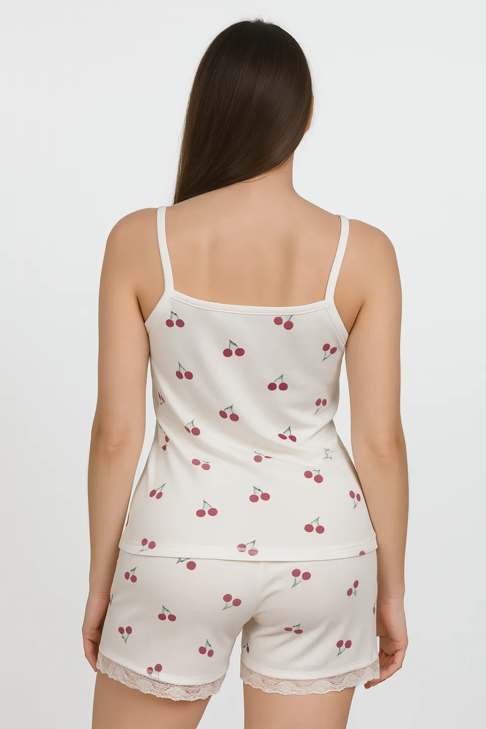 Pijama damă maiou și short – bretele subțiri, dantelă delicată, croială lejeră, imprimeu cu cirese - 2