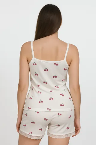 Pijama damă maiou și short – bretele subțiri, dantelă delicată, croială lejeră, imprimeu cu cirese hover