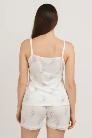 Pijama damă maiou și short – bretele subțiri, dantelă delicată, croială lejeră, imprimeu cu flori mov hover