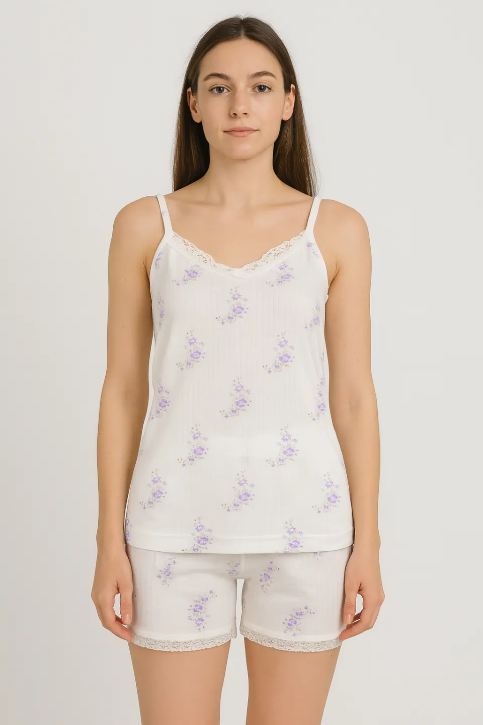 Pijama damă maiou și short – bretele subțiri, dantelă delicată, croială lejeră, imprimeu cu flori mov - 1