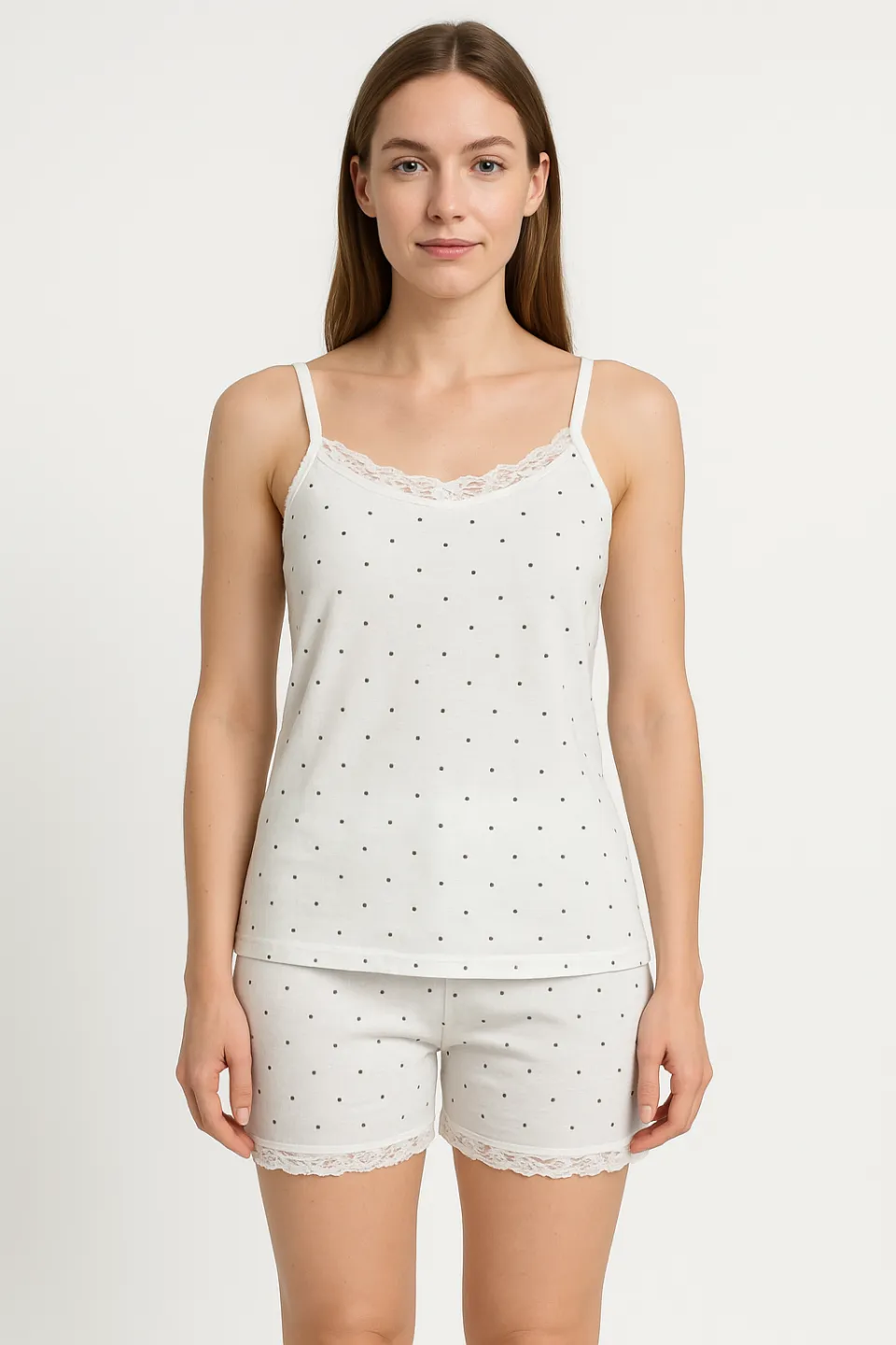 Pijama damă maiou și short – bretele subțiri, dantelă delicată, croială lejeră, imprimeu cu puncte negre - 1