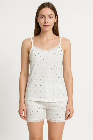 Pijama damă maiou și short – bretele subțiri, dantelă delicată, croială lejeră, imprimeu cu puncte negre