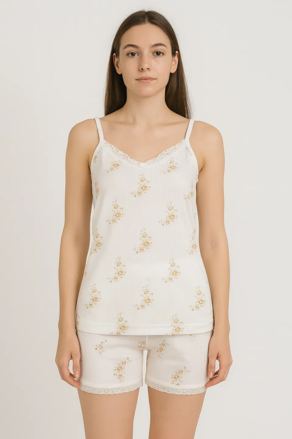 Pijama damă maiou și short – bretele subțiri, dantelă delicată, croială lejeră, imprimeu cu flori galbene - 1