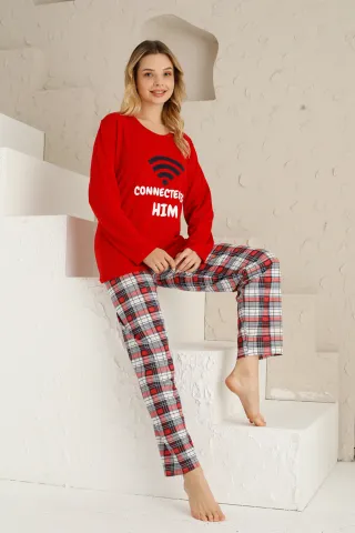 Pijama damă, mânecă lungă, pantaloni lungi, imprimeu Connected hover