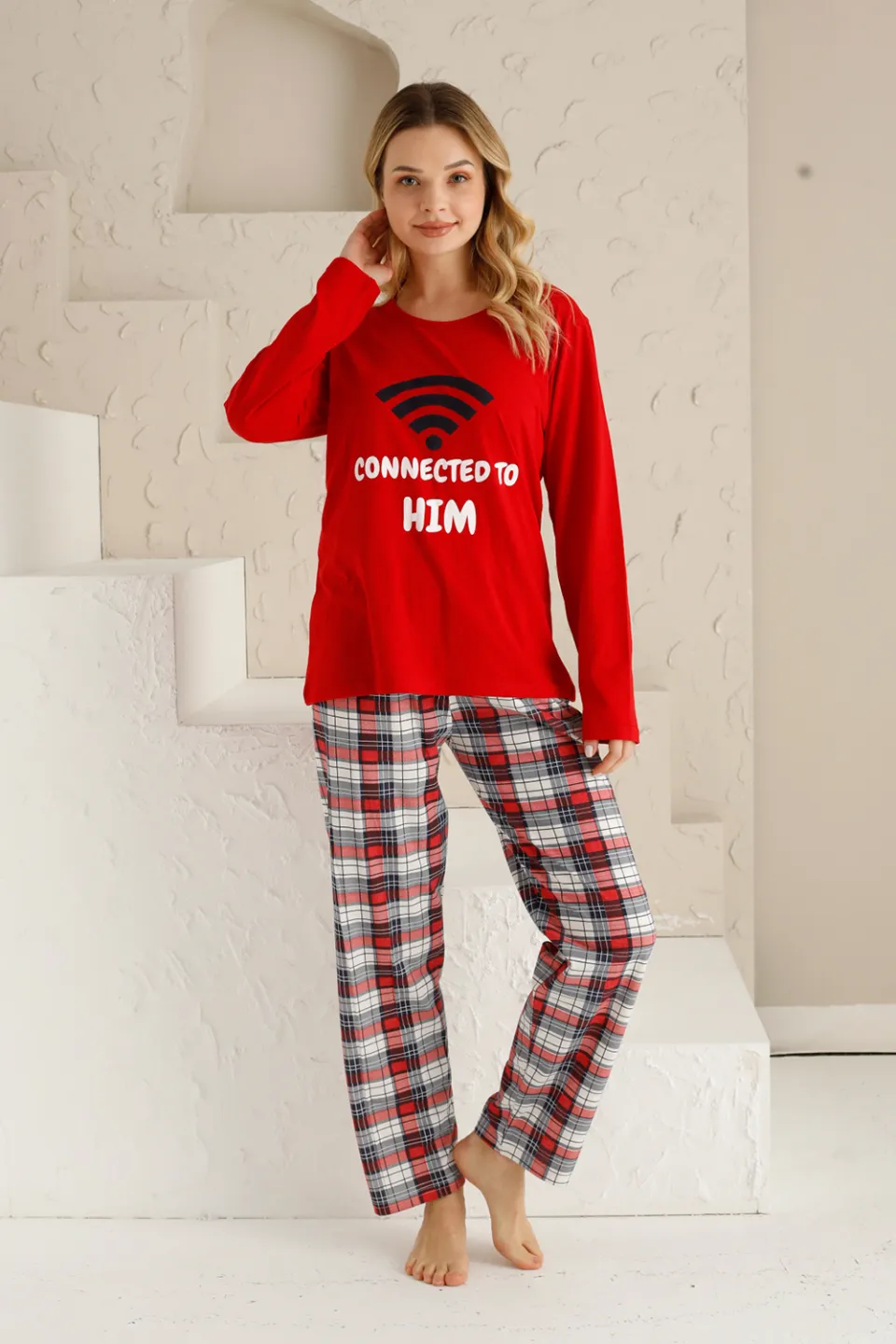 Pijama damă, mânecă lungă, pantaloni lungi, imprimeu Connected - 3