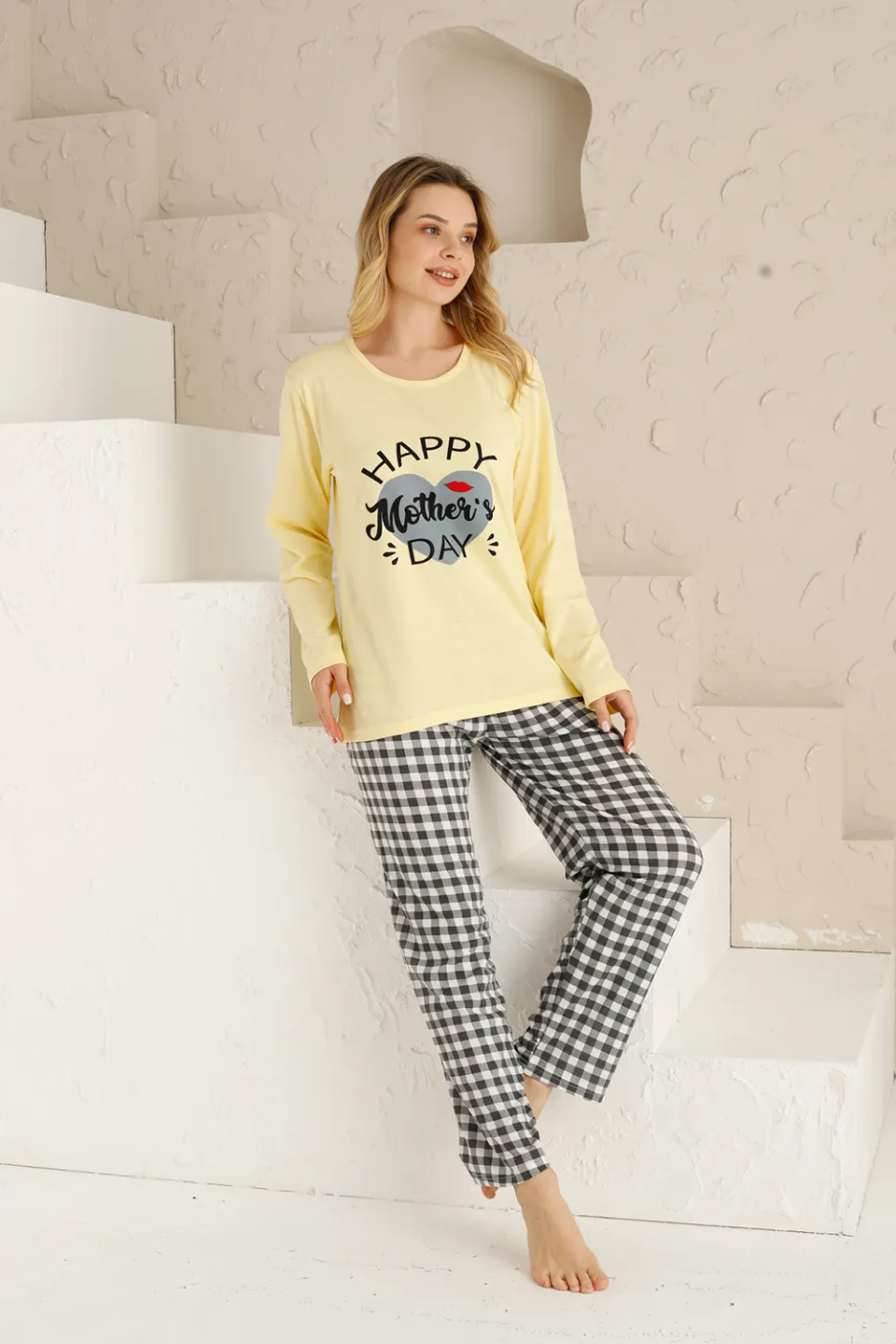 Pijama damă, mânecă lungă, pantaloni lungi, imprimeu Happy Mother's Day - 2