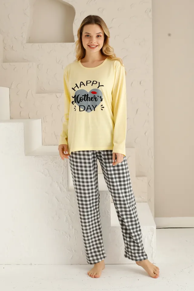 Pijama damă, mânecă lungă, pantaloni lungi, imprimeu Happy Mother's Day