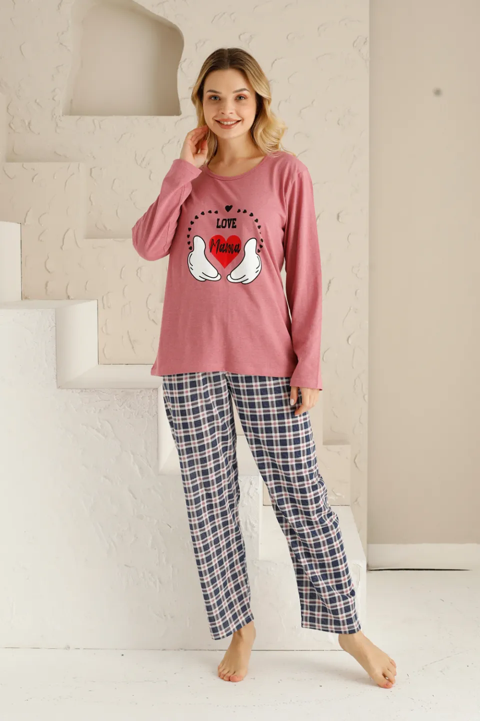 Pijama damă, mânecă lungă, pantaloni lungi, imprimeu Love Mama - 1