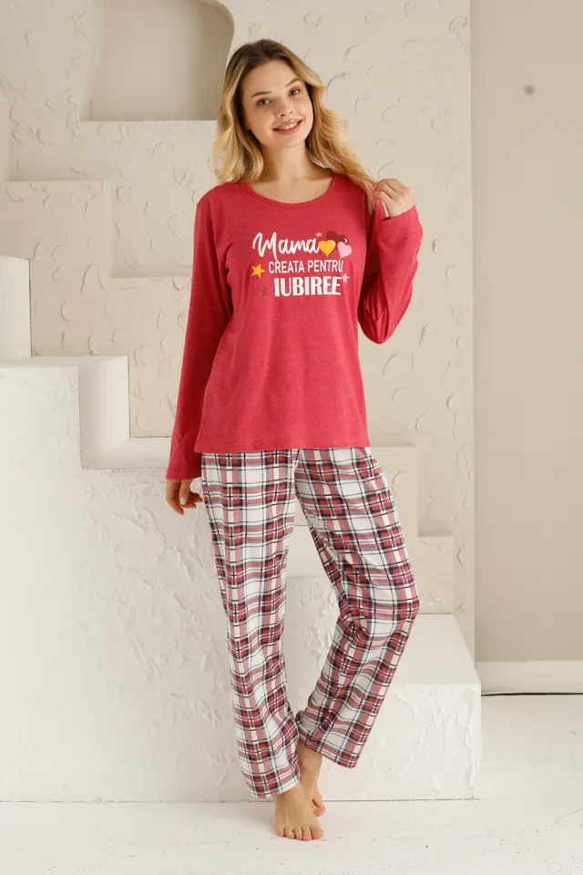 Pijama damă, mânecă lungă, pantaloni lungi, imprimeu Mama – creată pentru iubire