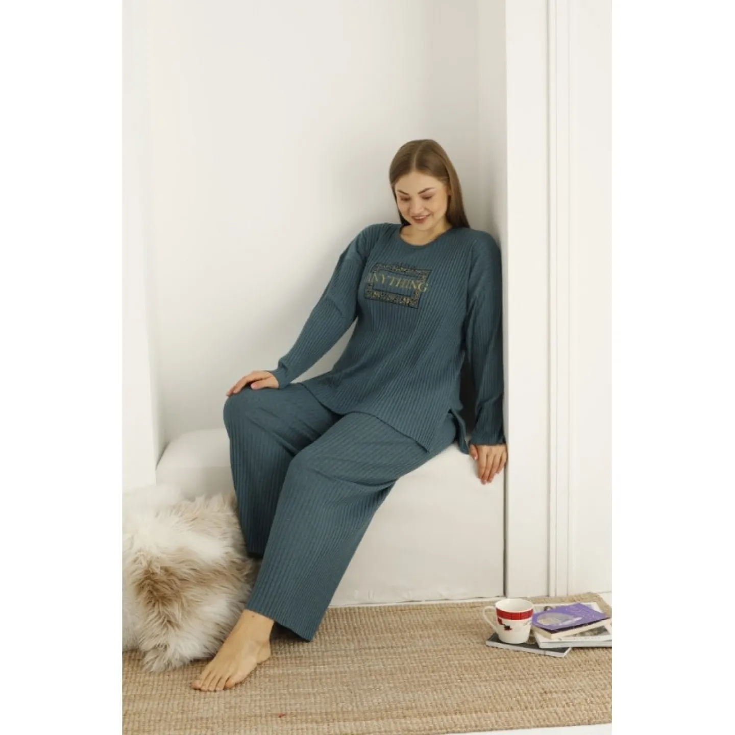 Pijama damă, mânecă lungă și pantaloni lungi, imprimeu Anything, bleumarin - 3