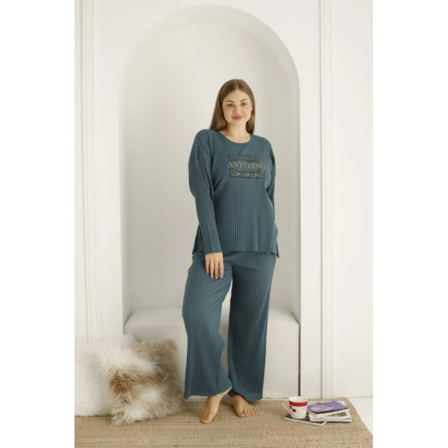 Pijama damă, mânecă lungă și pantaloni lungi, imprimeu Anything, bleumarin - 1