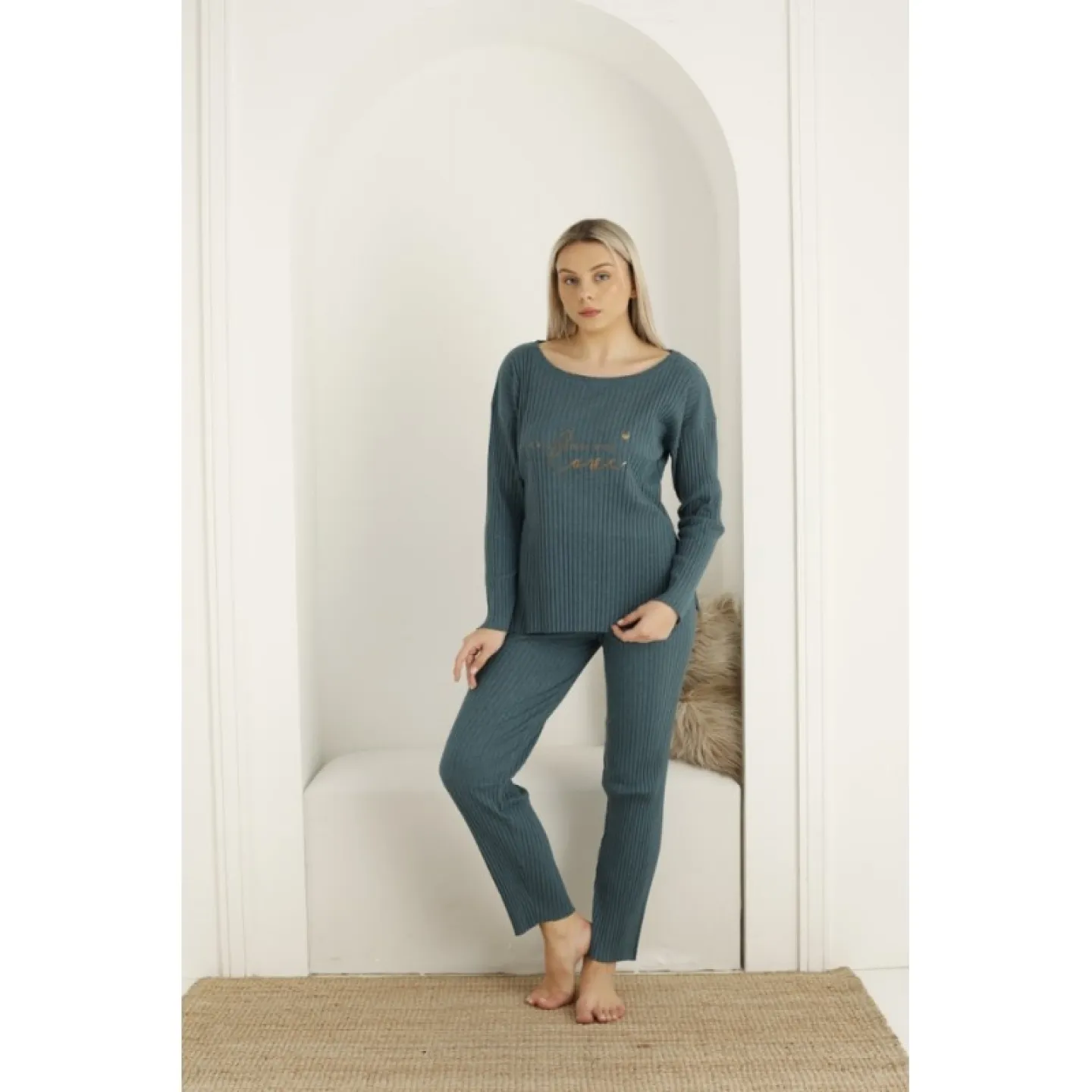 Pijama damă, mânecă lungă și pantaloni lungi cu imprimeu Love, blue - 1