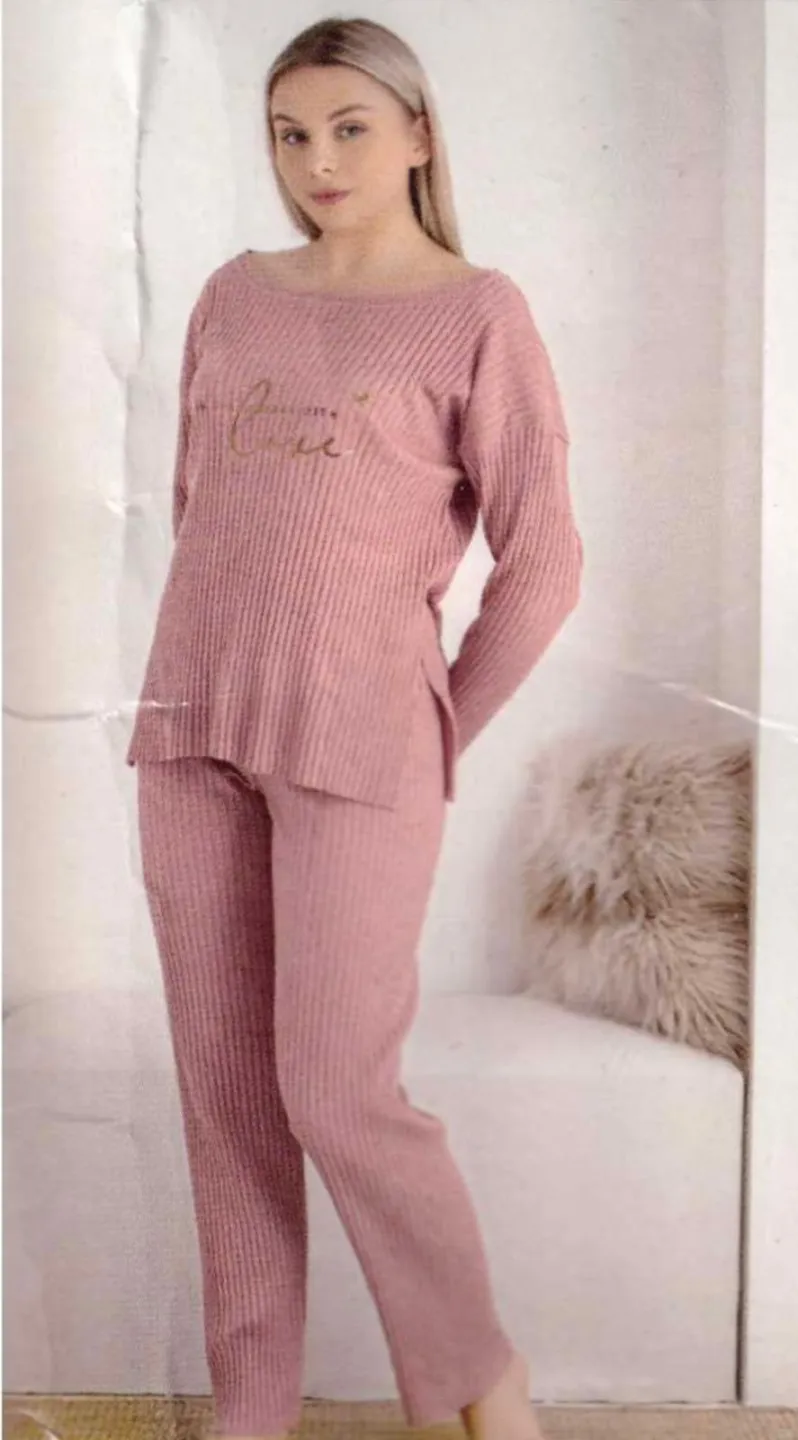 Pijama damă, mânecă lungă și pantaloni lungi cu imprimeu Love, roz - 1