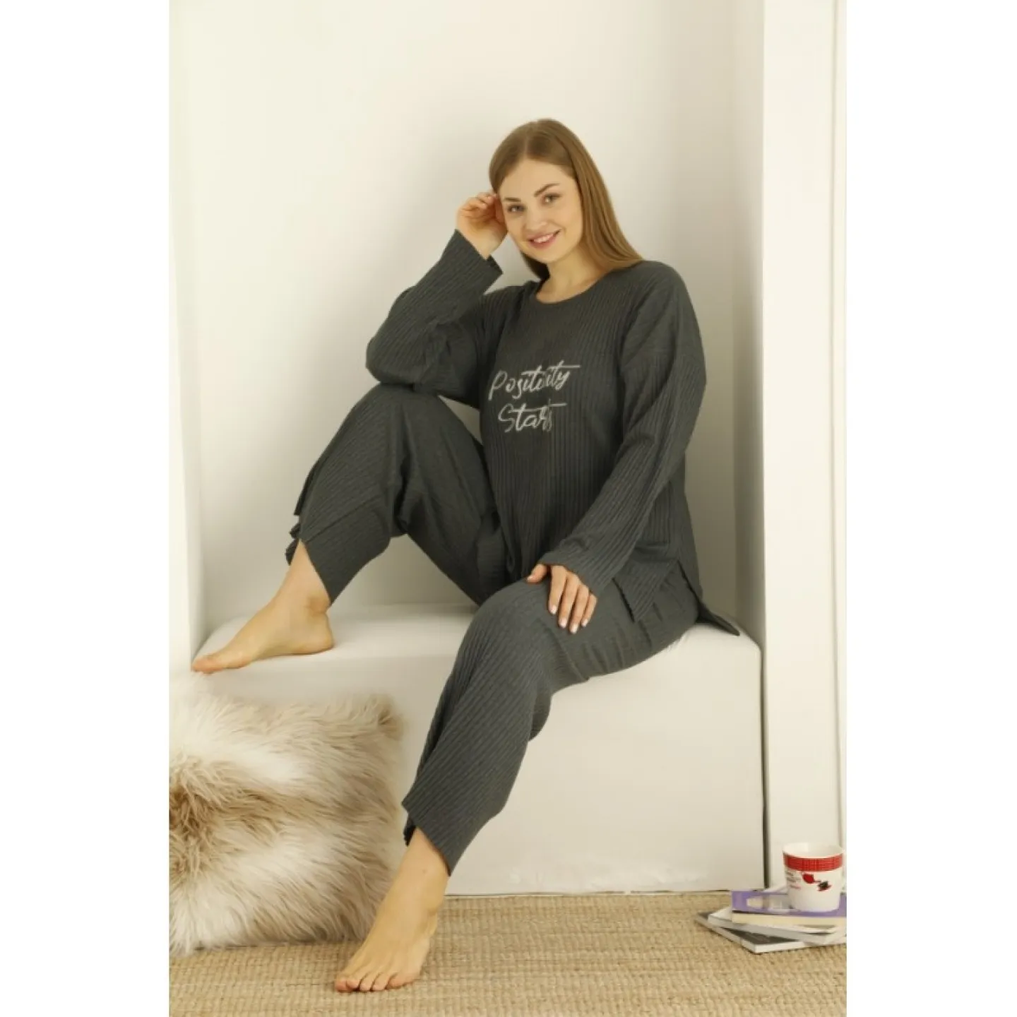 Pijama damă, mânecă lungă și pantaloni lungi cu imprimeu Positivity Stars, culoare gri inchis - 3