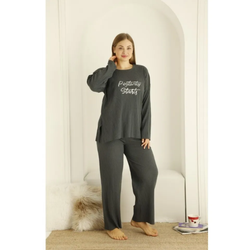 Pijama damă, mânecă lungă și pantaloni lungi cu imprimeu Positivity Stars, culoare gri inchis