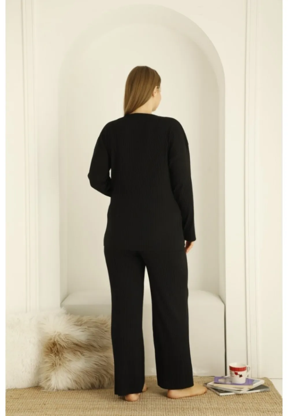 Pijama damă, mânecă lungă și pantaloni lungi cu imprimeu Time For Love, NEGRU - 3