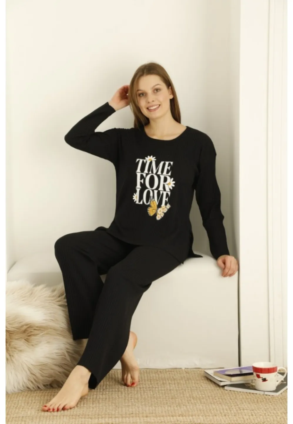 Pijama damă, mânecă lungă și pantaloni lungi cu imprimeu Time For Love, NEGRU - 2