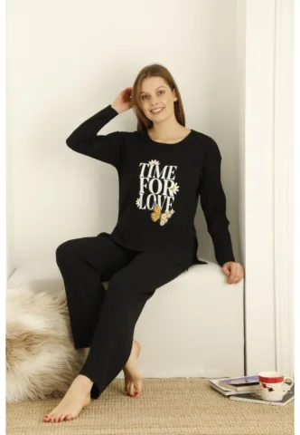 Pijama damă, mânecă lungă și pantaloni lungi cu imprimeu Time For Love, NEGRU hover