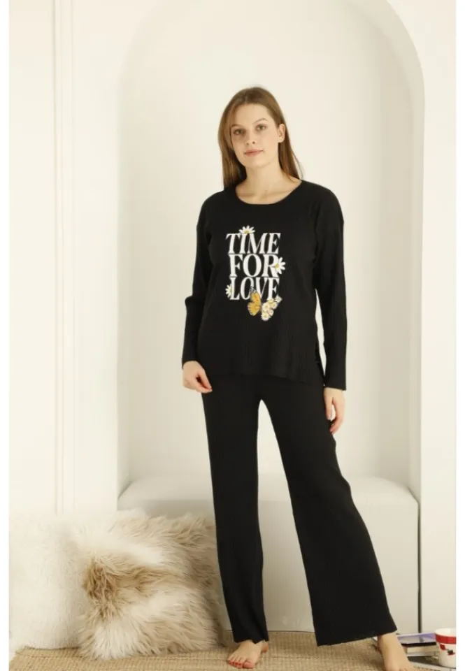 Pijama damă, mânecă lungă și pantaloni lungi cu imprimeu Time For Love, NEGRU