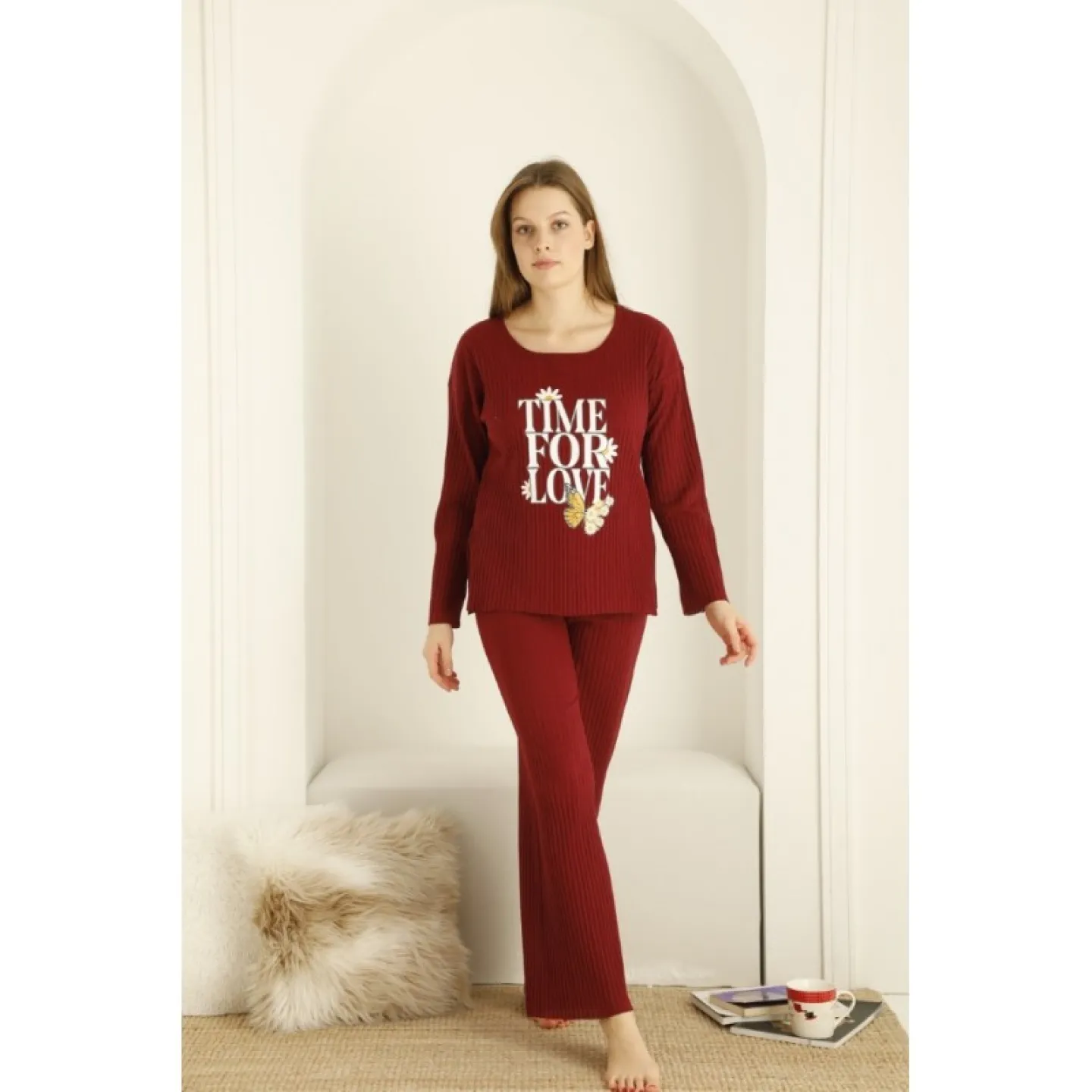 Pijama damă, mânecă lungă și pantaloni lungi cu imprimeu Time For Love, rosu - 1