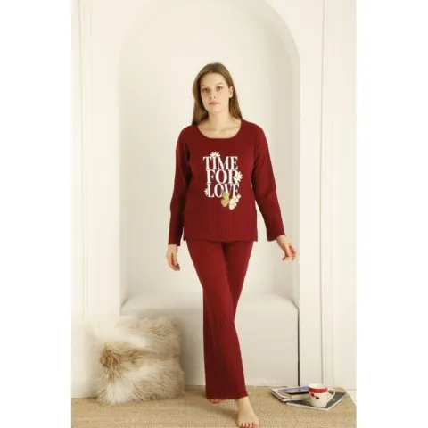 Pijama damă, mânecă lungă și pantaloni lungi cu imprimeu Time For Love, rosu