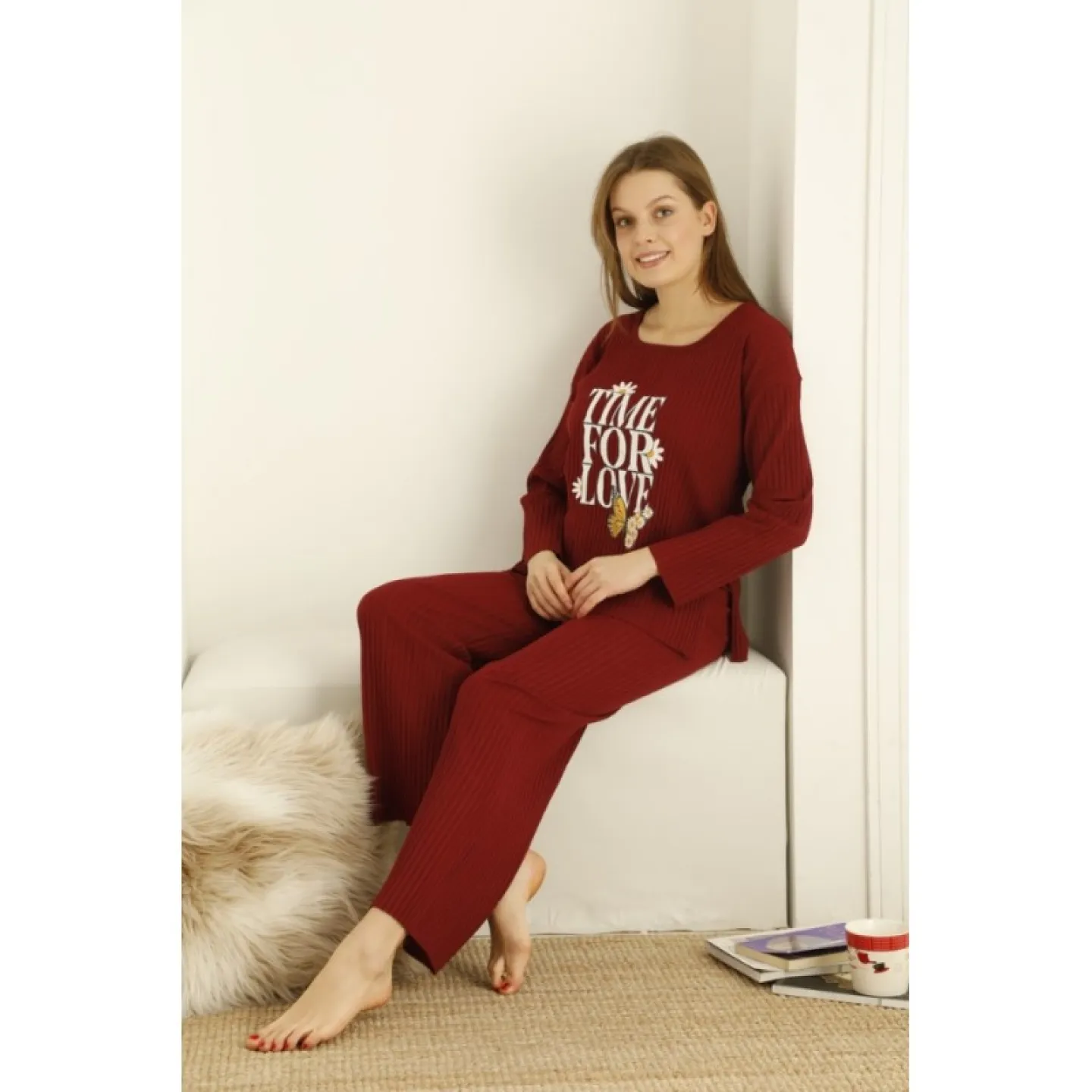 Pijama damă, mânecă lungă și pantaloni lungi cu imprimeu Time For Love, rosu - 2