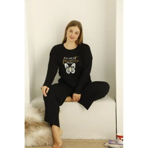 Pijama damă BIG SIZE, mânecă lungă și pantaloni lungi cu imprimeu You Are My Favorite Friend, negru