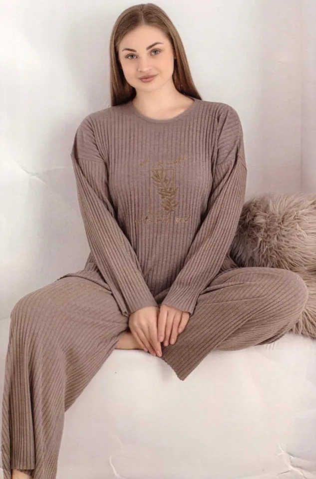 Pijama damă BIG SIZE, mânecă lungă și pantaloni lungi, din bumbac, culoare maro