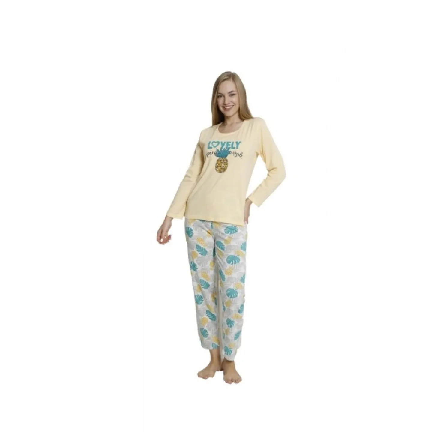 Pijama damă, mânecă lungă și pantaloni lungi, imprimeu cu ananas ,,Lovely'', galben - 1