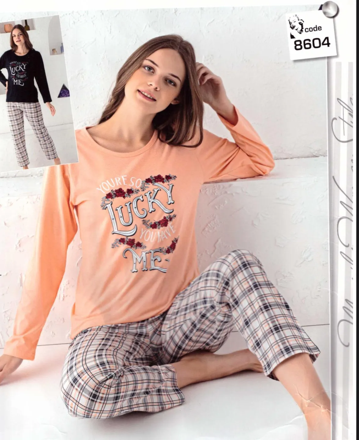 Pijama damă, mânecă lungă și pantaloni lungi, imprimeu cu Lucky, portocaliu - 1