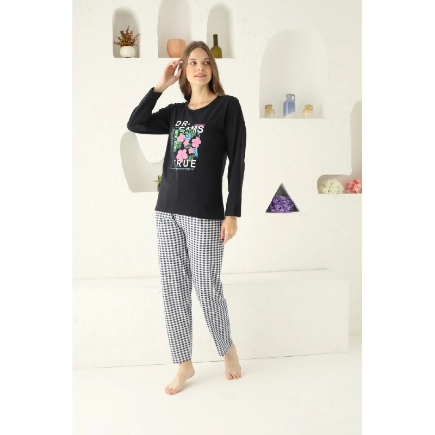 Pijama damă, mânecă lungă și pantaloni lungi, imprimeu Dreams Come True, negru - 1