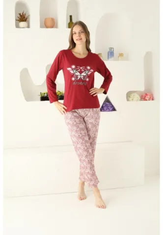 Pijama damă, mânecă lungă și pantaloni lungi, imprimeu Dreams, rosu