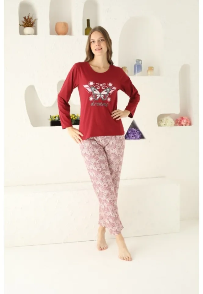 Pijama damă, mânecă lungă și pantaloni lungi, imprimeu Dreams, rosu