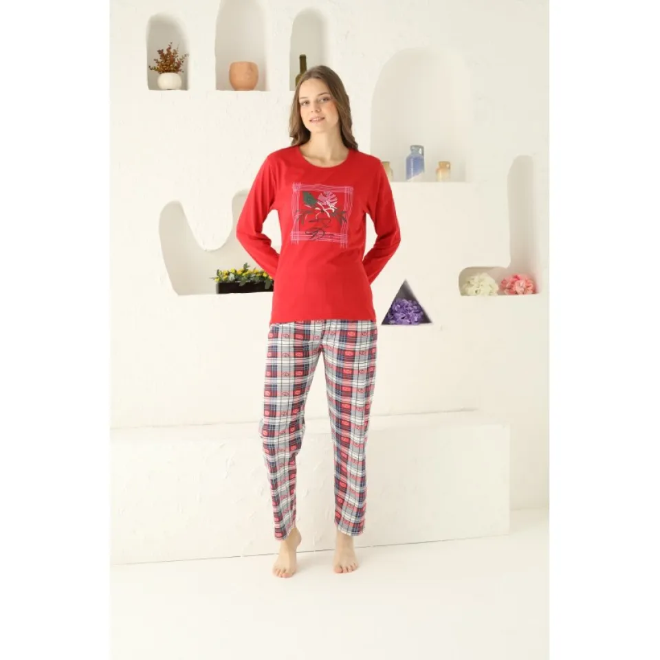 Pijama damă, mânecă lungă și pantaloni lungi, imprimeu floral, rosu