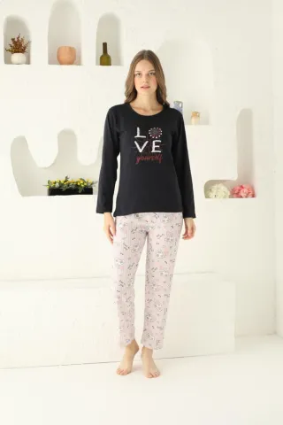 Pijama damă, mânecă lungă și pantaloni lungi, imprimeu Love Yourself, negru