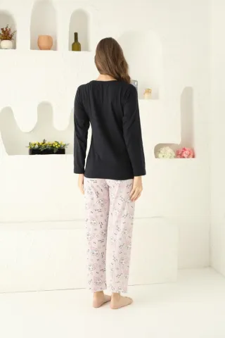 Pijama damă, mânecă lungă și pantaloni lungi, imprimeu Love Yourself, negru hover