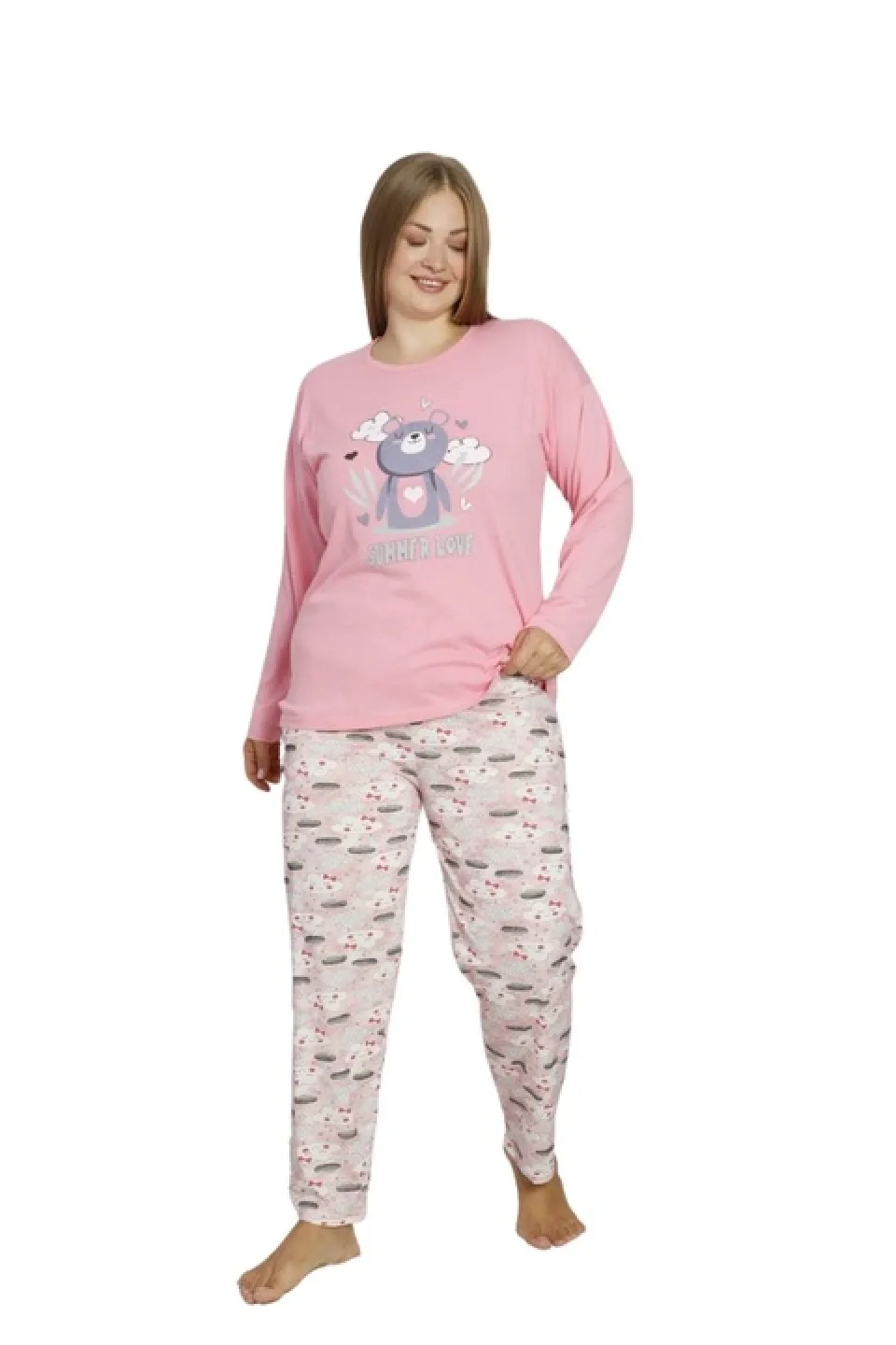 Pijama damă, mânecă lungă și pantaloni lungi, imprimeu Summer Love, roz - 1