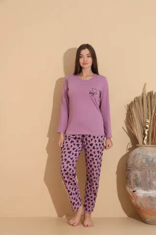 Pijama damă mov cu imprimeu inimă și key cu pantaloni lungi cu inimioare – 100% bumbac