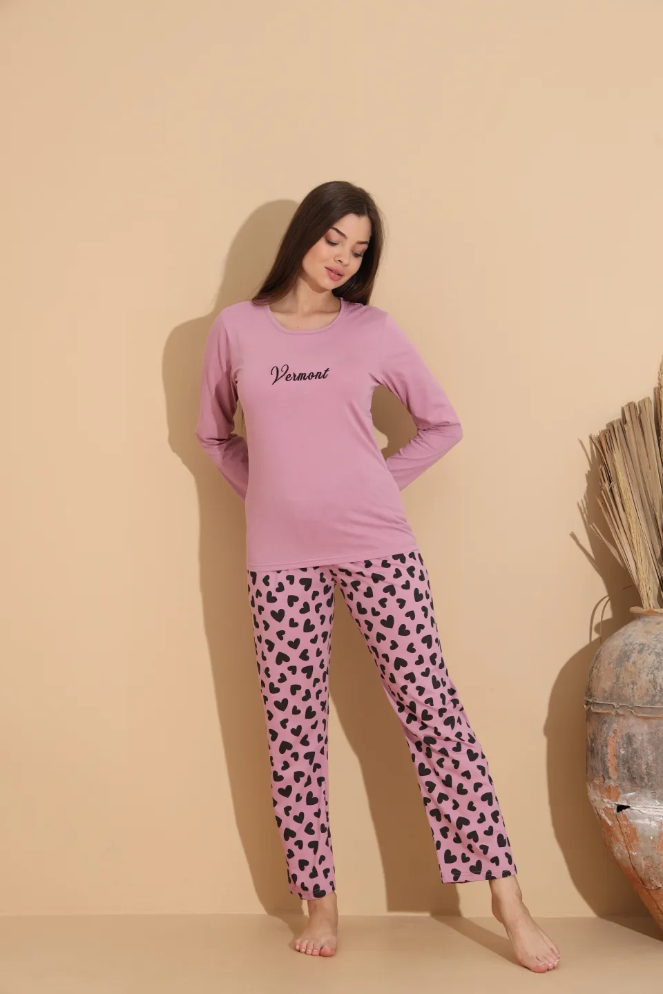 Pijama damă mov cu imprimeu vermont cu pantaloni lungi cu buline – 100% bumbac - 3