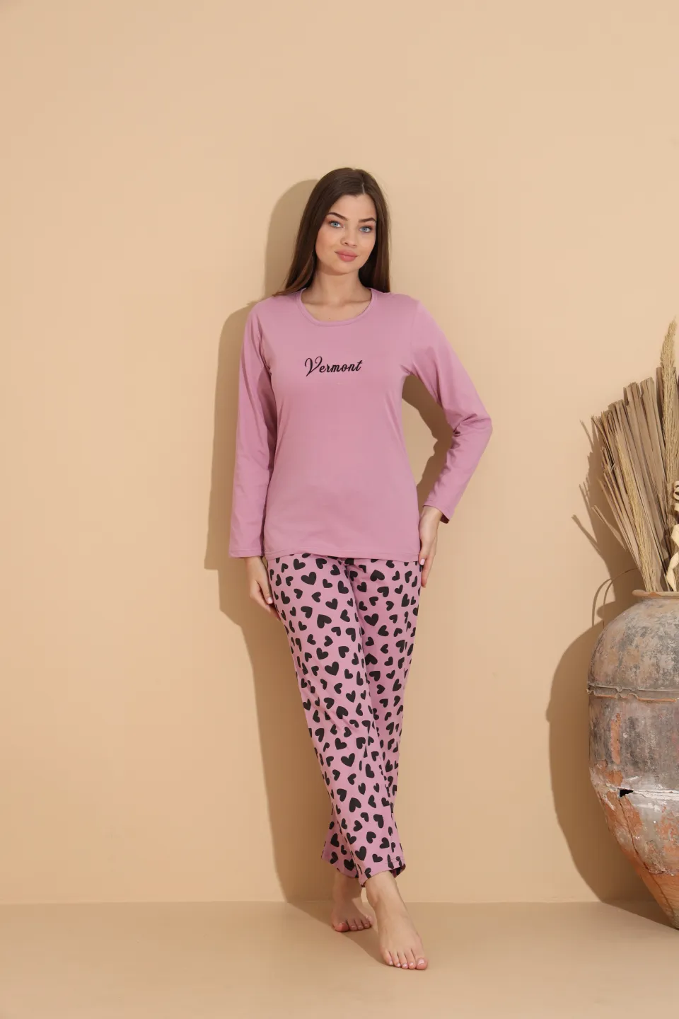Pijama damă mov cu imprimeu vermont cu pantaloni lungi cu buline – 100% bumbac - 1