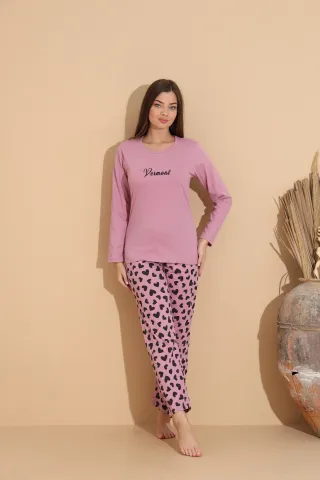 Pijama damă mov cu imprimeu vermont cu pantaloni lungi cu buline – 100% bumbac
