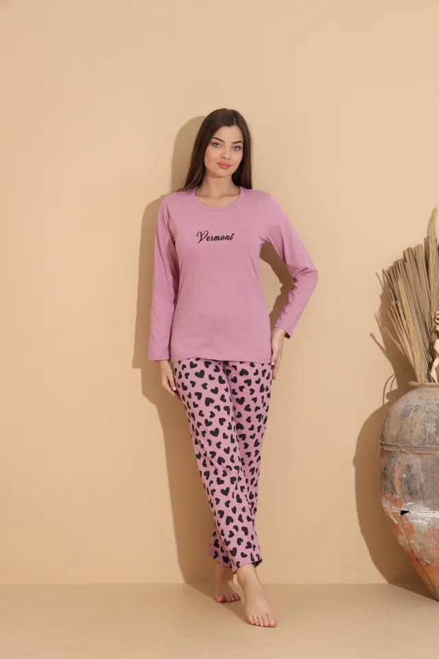 Pijama damă mov cu imprimeu vermont cu pantaloni lungi cu buline – 100% bumbac