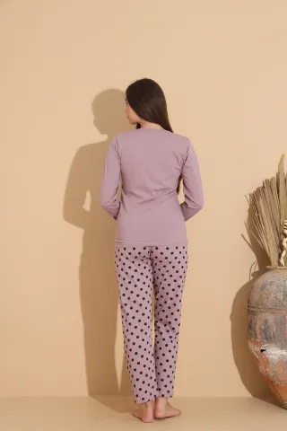 Pijama damă mov „HAPPY” cu pantaloni lungi cu buline – 100% bumbac hover