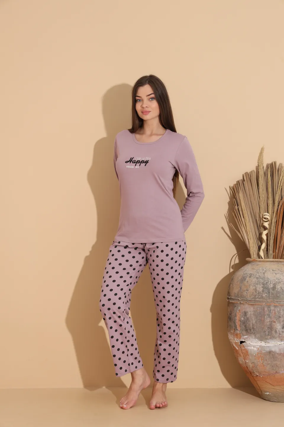 Pijama damă mov „HAPPY” cu pantaloni lungi cu buline – 100% bumbac - 3