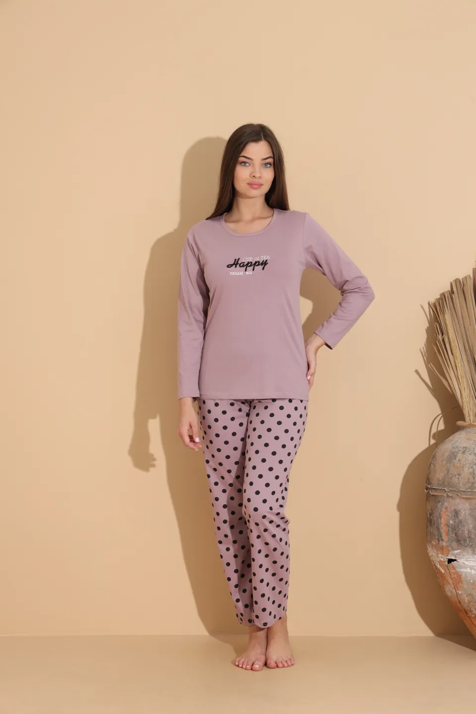 Pijama damă mov „HAPPY” cu pantaloni lungi cu buline – 100% bumbac - 4
