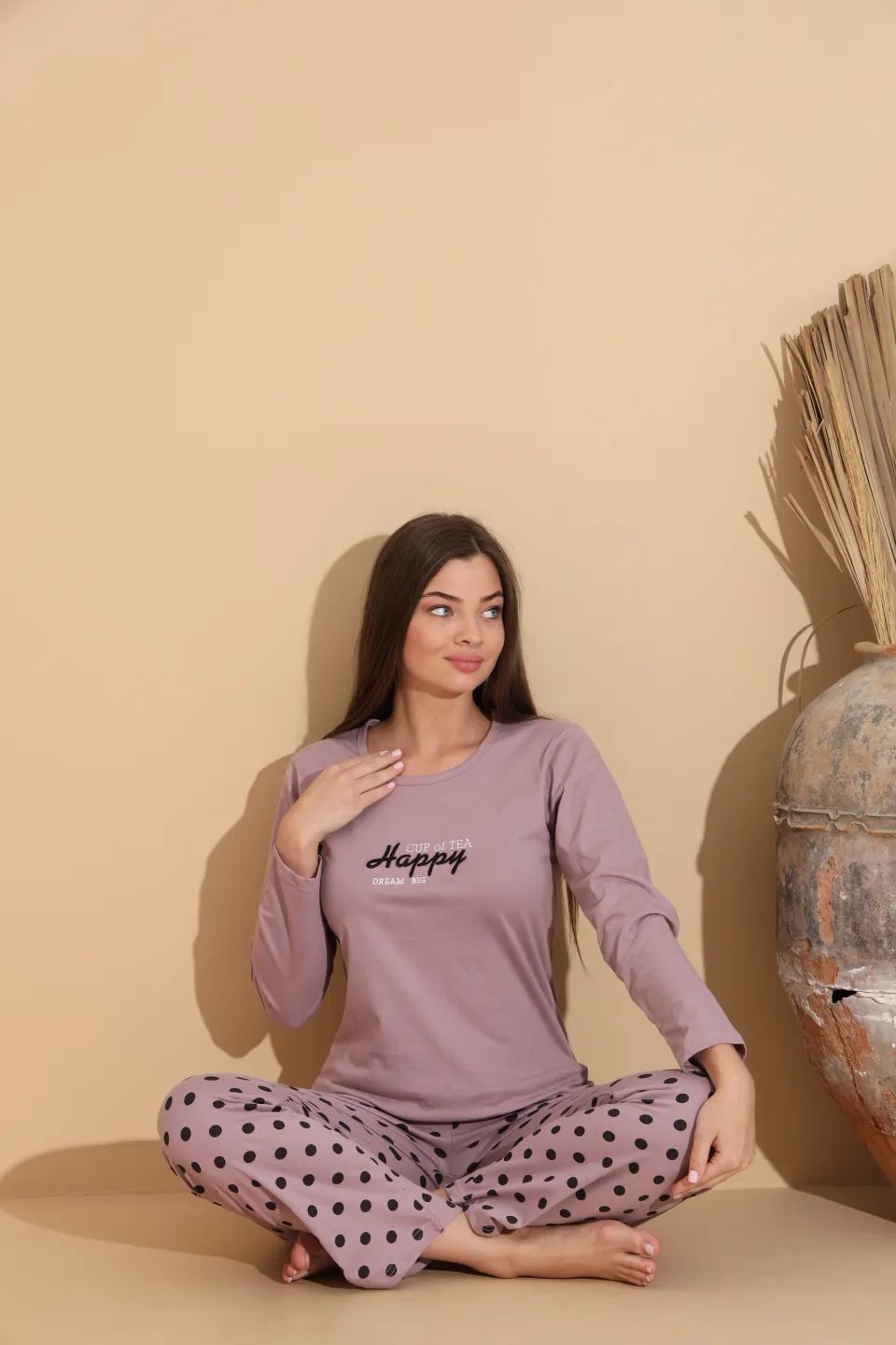 Pijama damă mov „HAPPY” cu pantaloni lungi cu buline – 100% bumbac - 1