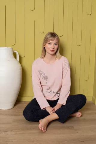 Pijama damă, cu mânecă lungă și pantaloni lungi din bumbac, imprimeu I Love You