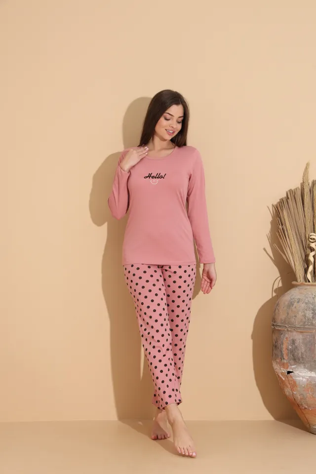 Pijama damă roz cu imprimeu „HELLO” cu pantaloni lungi cu buline – 100% bumbac